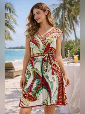 ECI White Paisley Top with Pink and Green Trim Size 14 Brunch Summer Resort
